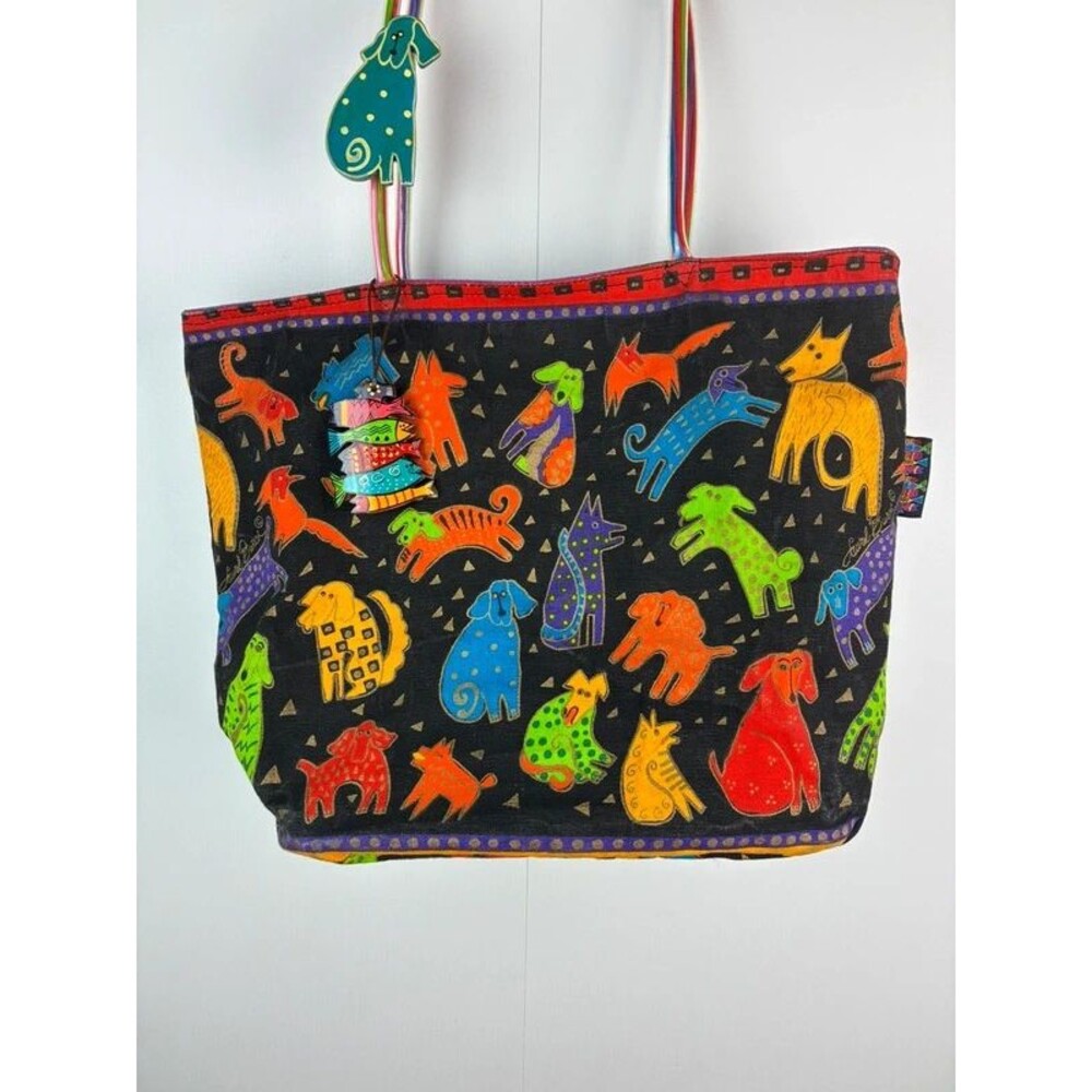 Laurel Burch "Dogs and Doggies" colorful waterproof canvas tote bag - Picture 3 of 11